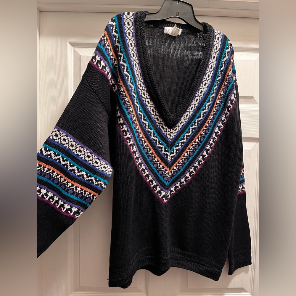 CATTIVO Vintage DEEP V NECK border print RAMIE / COTTON sweater